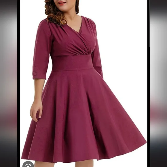 Hanna Nikole Dresses | Burgundy Red Hanna Nikole Women's Vintage 1950s Style Sleeved 1x Swing Dress | Color: Red | Size: 1x | Darlingyellow's Closet